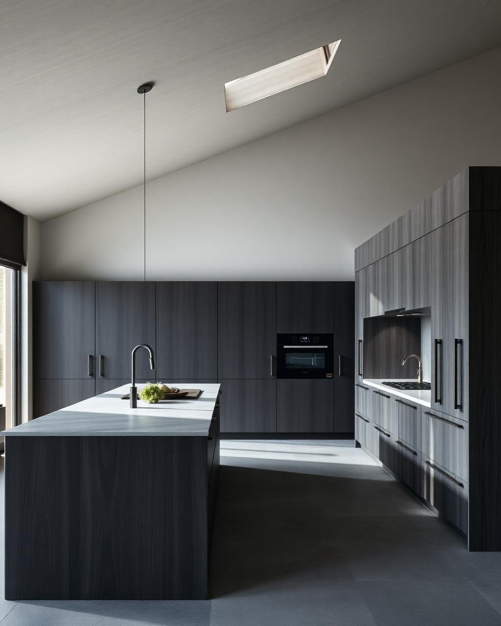 Handleless charcoal oak Häcker kitchen with monolithic island