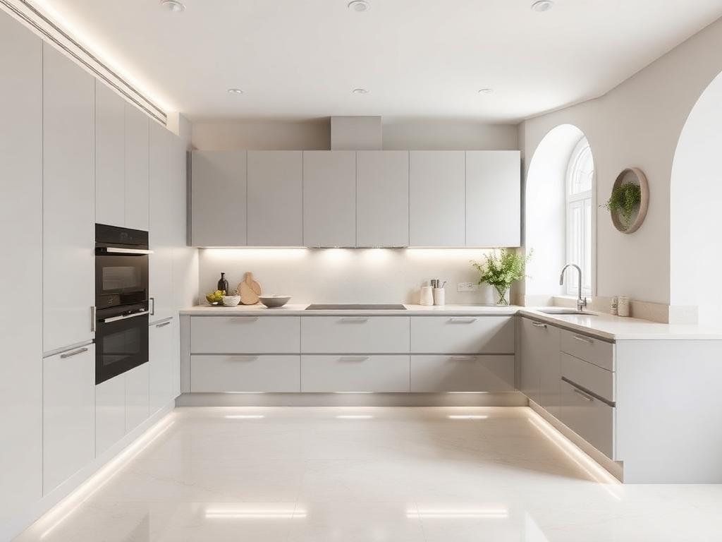 Light grey lacquered kitchen with stone worktop