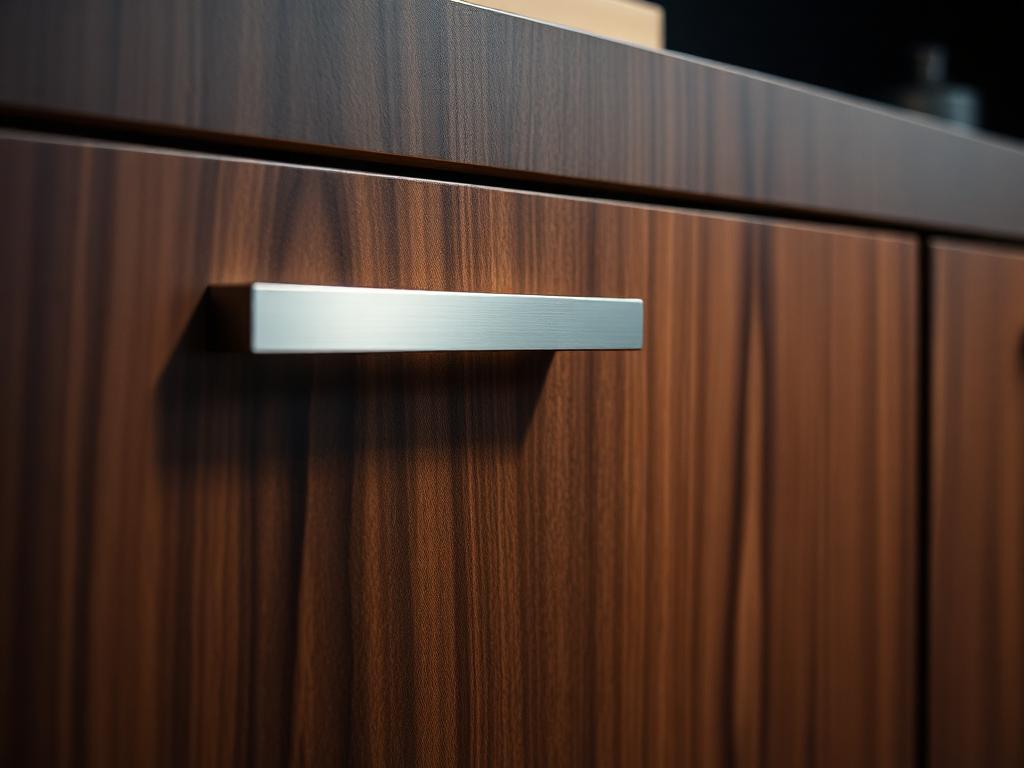Walnut cabinet detail with brushed metal handle
